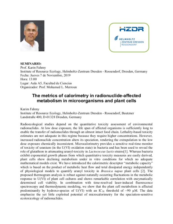 Seminario: The metrics of calorimetry in radionuclide-affected metabolism in microorganisms and plant cells